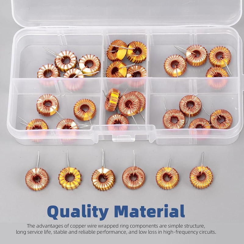 Glarks 30pcs 6 Sizes Toroid Core Inductor Kit, 10UH-2.8A 22UH-2.8A 33UH-2.8A 47UH-1.96A 100UH-1.96A 220UH-1.25A Inductance Copper Coil, Toroid Magnetic Inductor for Transformers DIY Circuit Board - Image 5